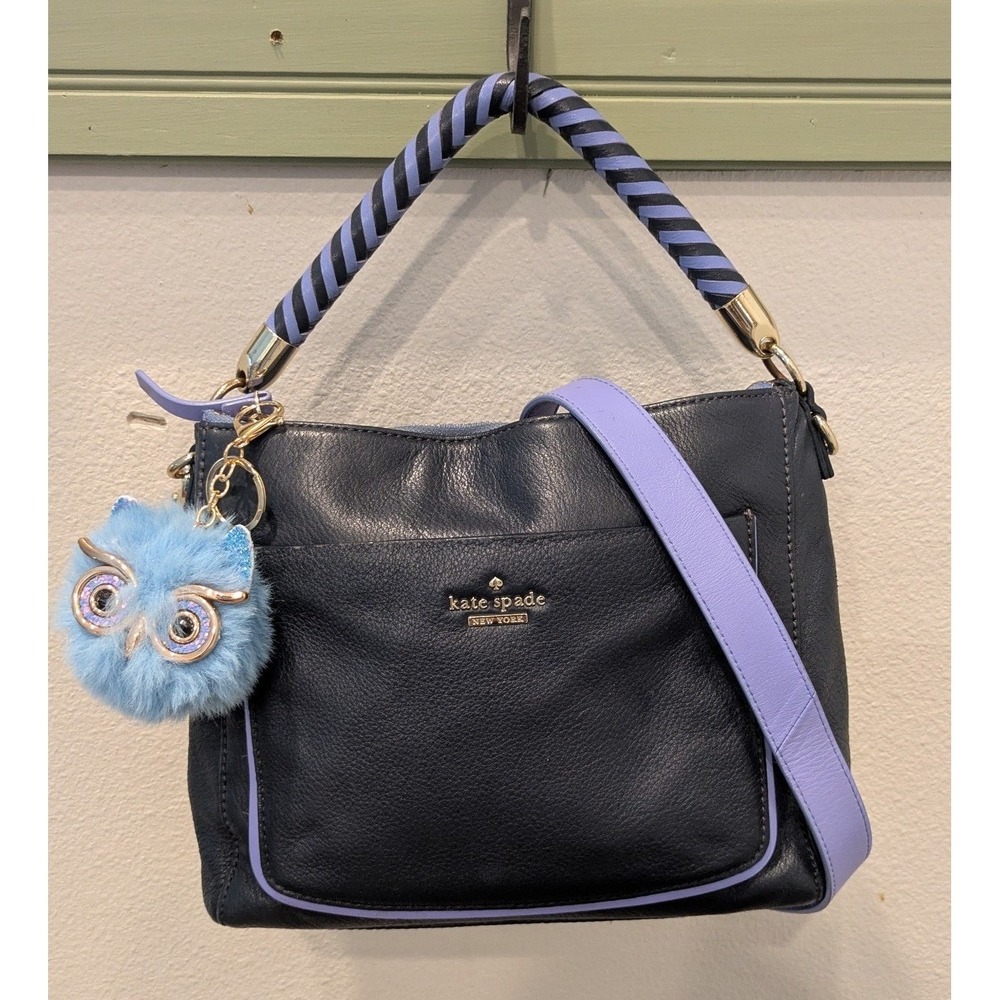 Kate Spade Navy Woods Drive Harris Navy / Periwinkle Leather Bag w Bonus Owl